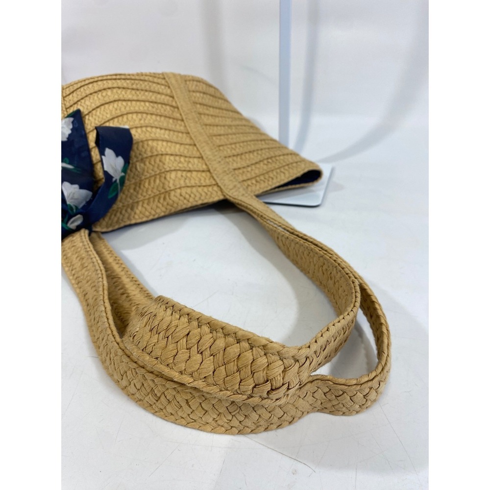 Draper James Raffia Tote Bag Tan Woven Boho Beach Navy Floral Scarf‎ Magnolia - Picture 5 of 9